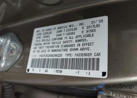 2009 Honda Accord 2.4 Lx из США, поврежденный, VIN 1HGCP263X9A096220